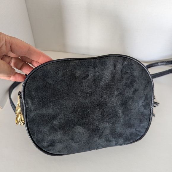 Navy Suede Purse Crossbody Bag with outside pocket with gold accents - Picture 8 of 9